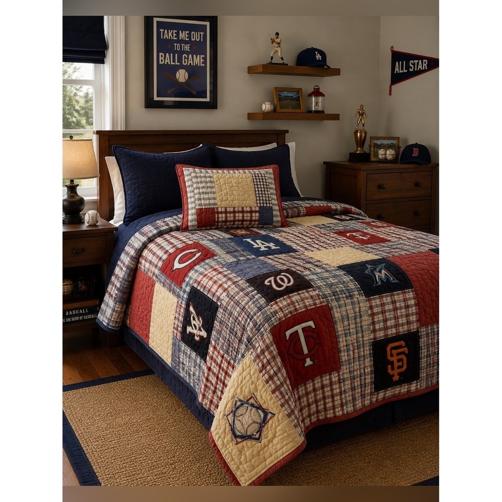 Pottery Barn Kids MLB Baseball Patchwork Quilt Full Queen Plaid Retired Rare